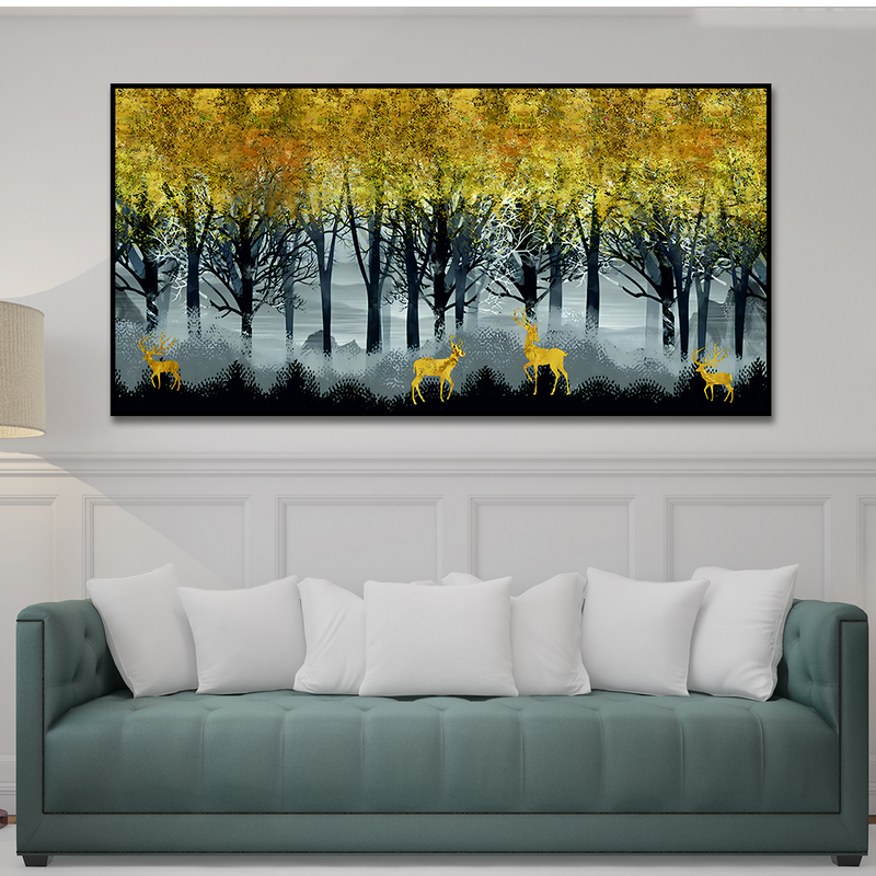 Golden Deer in Dark Forest Premium Canvas Floating Frame Wall Painting