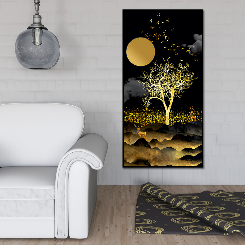 Dark Moon Light with Golden Birds Premium Canvas Floating Frame Wall Painting
