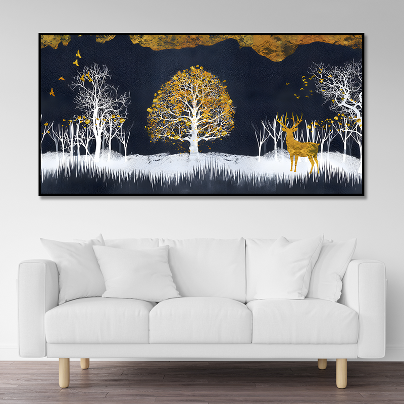 Midnight Golden Deer With Birds Scenery Premium Canvas Floating Frame Wall Painting