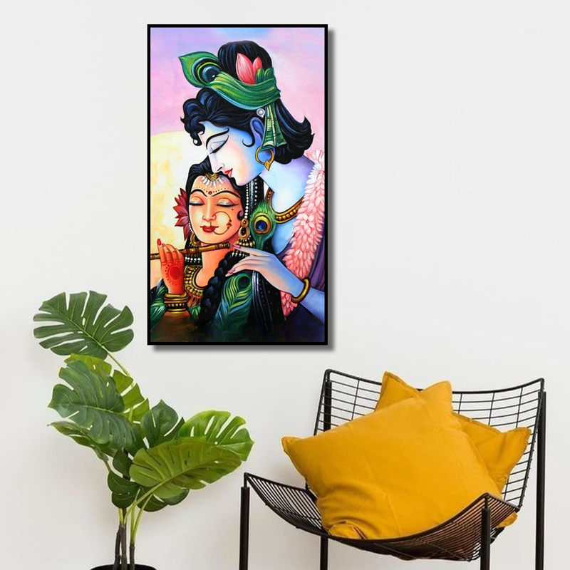 MADHUBANI STYLE RADHA KRISHNA FLOATING FRAME CANVAS WALL PAINTING