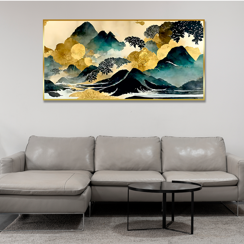 Golden Mountain Scenery of Mount Fuji Premium Floating Frame Canvas Wall Painting
