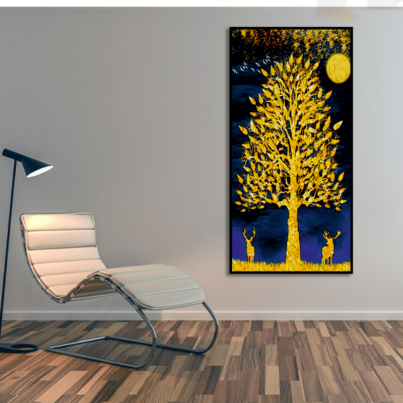 Beautiful Golden Tree and Moon with Deer Canvas Floating Frame Wall Painting