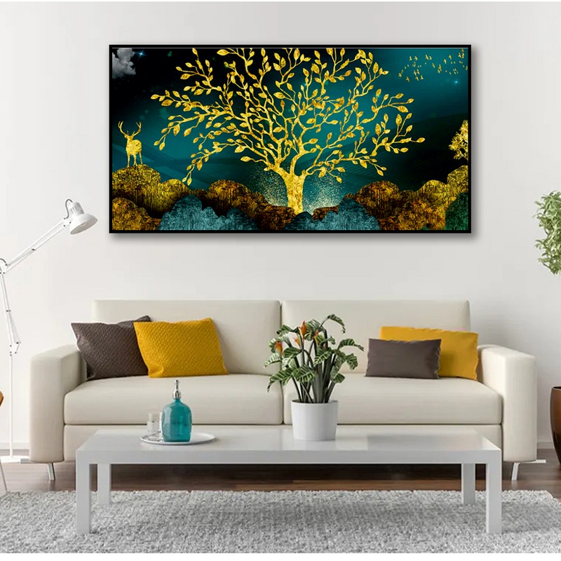 Golden Tree and Deer Premium Floating Frame Canvas Wall Painting