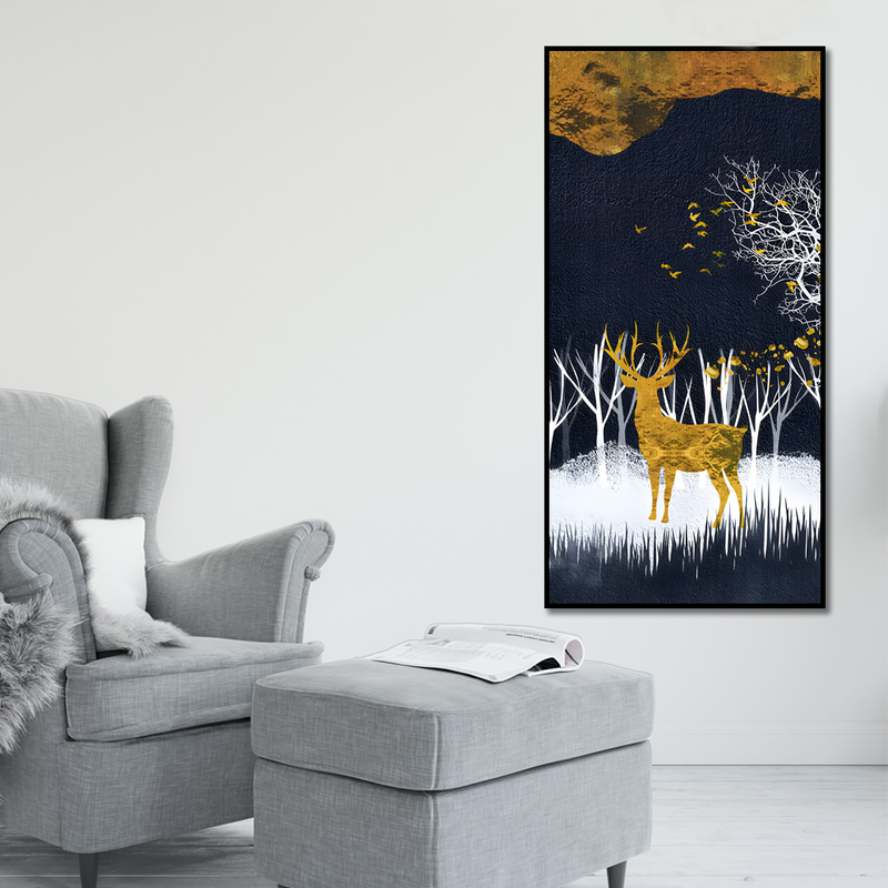 Dark Night Golden Deer with Birds Premium Canvas Floating Frame Wall Painting