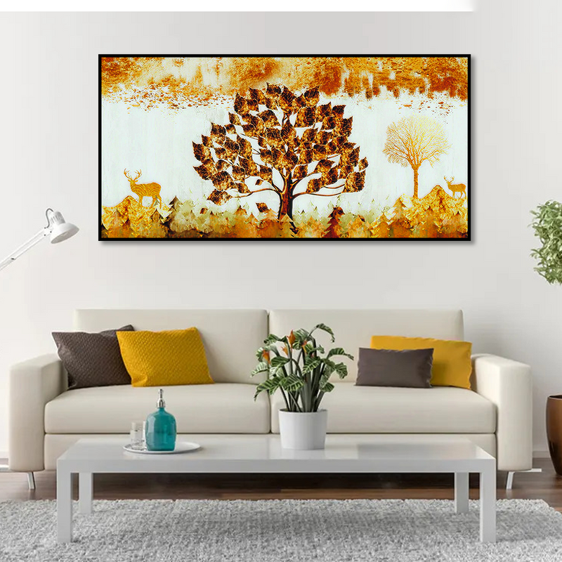 Beautiful Tree and Golden Deer Canvas Floating Frame Wall Painting