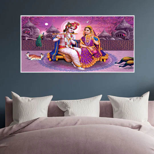 Lord Radha Krishna Beautiful Pink View Canvas Floating Frame Wall Painting