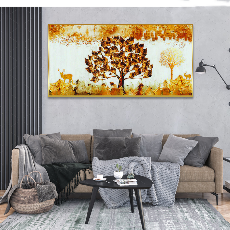 Beautiful Tree and Golden Deer Canvas Floating Frame Wall Painting