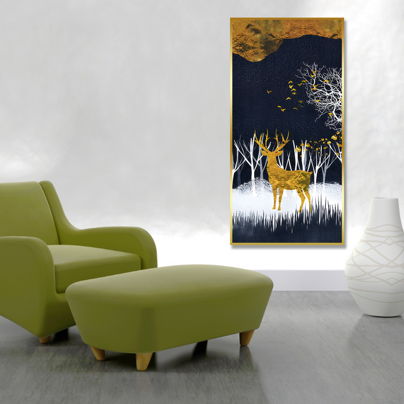 Dark Night Golden Deer with Birds Premium Canvas Floating Frame Wall Painting