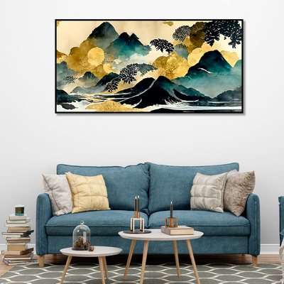 Golden Mountain Scenery of Mount Fuji Premium Floating Frame Canvas Wall Painting