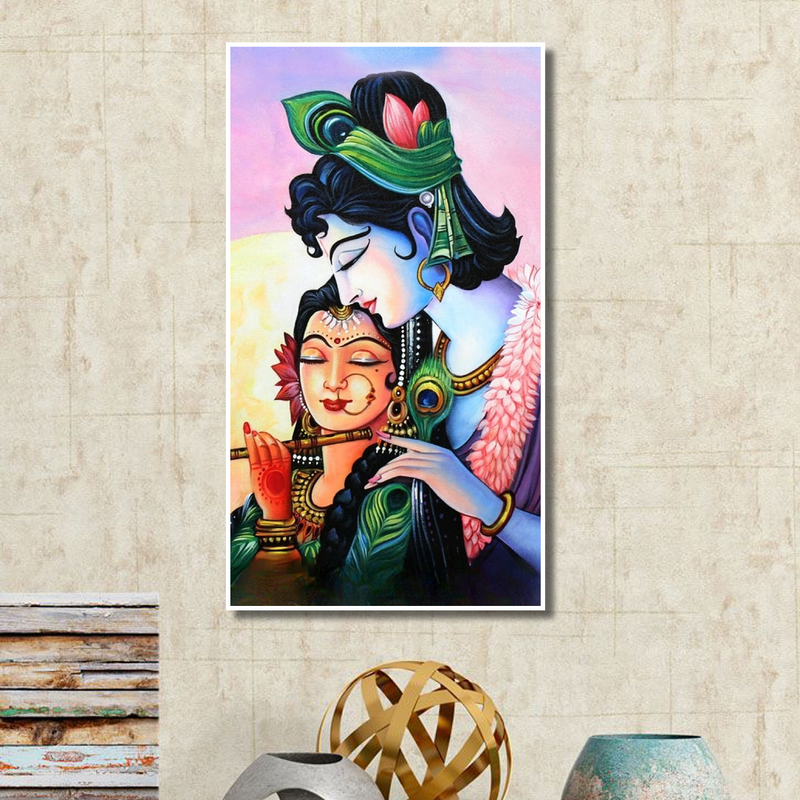 MADHUBANI STYLE RADHA KRISHNA FLOATING FRAME CANVAS WALL PAINTING