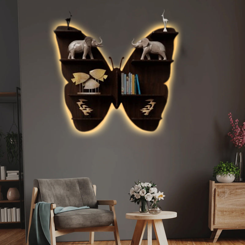 Butterfly shape Wooden Wall Shelf | Book Shelf | Walnut Wooden Finish