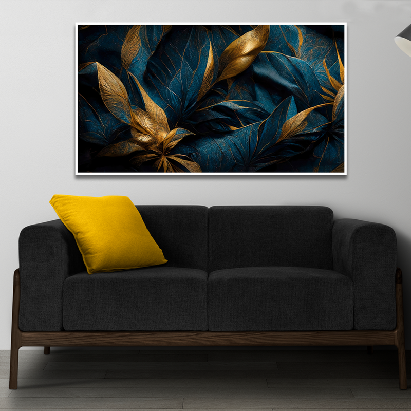 Golden Tropical leaves Floating Frame Canvas Wall Painting