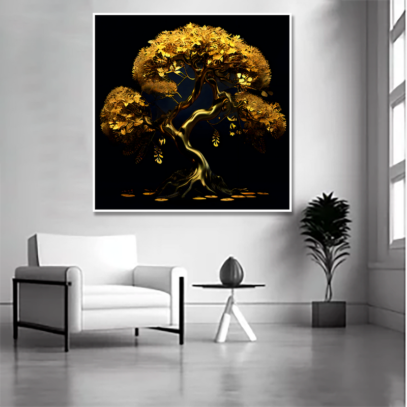 Golden Tree - Luxurious Abstract Art Floating Frame Canvas Wall Painting for Living Room or Home Decor