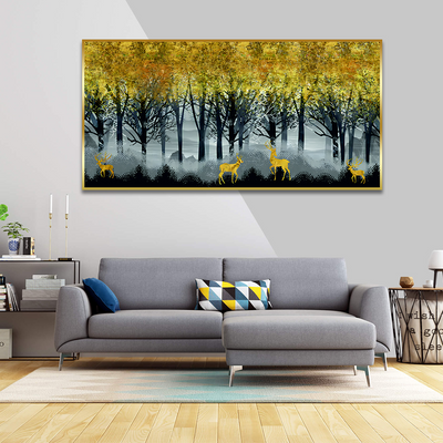 Golden Deer in Dark Forest Premium Canvas Floating Frame Wall Painting