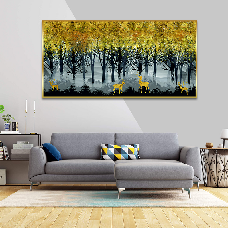 Golden Deer in Dark Forest Premium Canvas Floating Frame Wall Painting