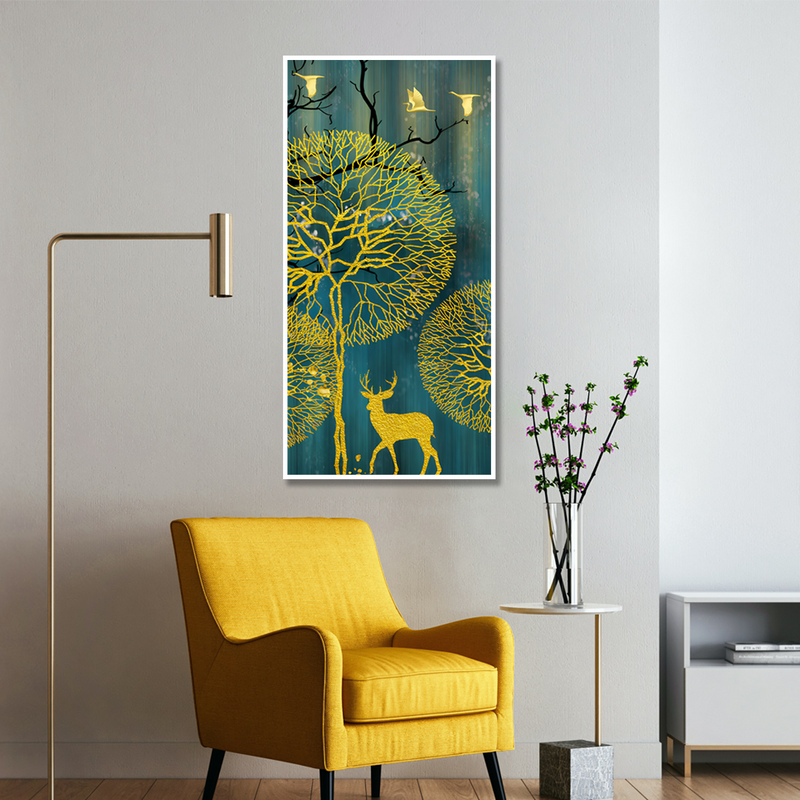 Golden Nightscape with Deer and Golden birds Floating Frame Canvas Wall Painting