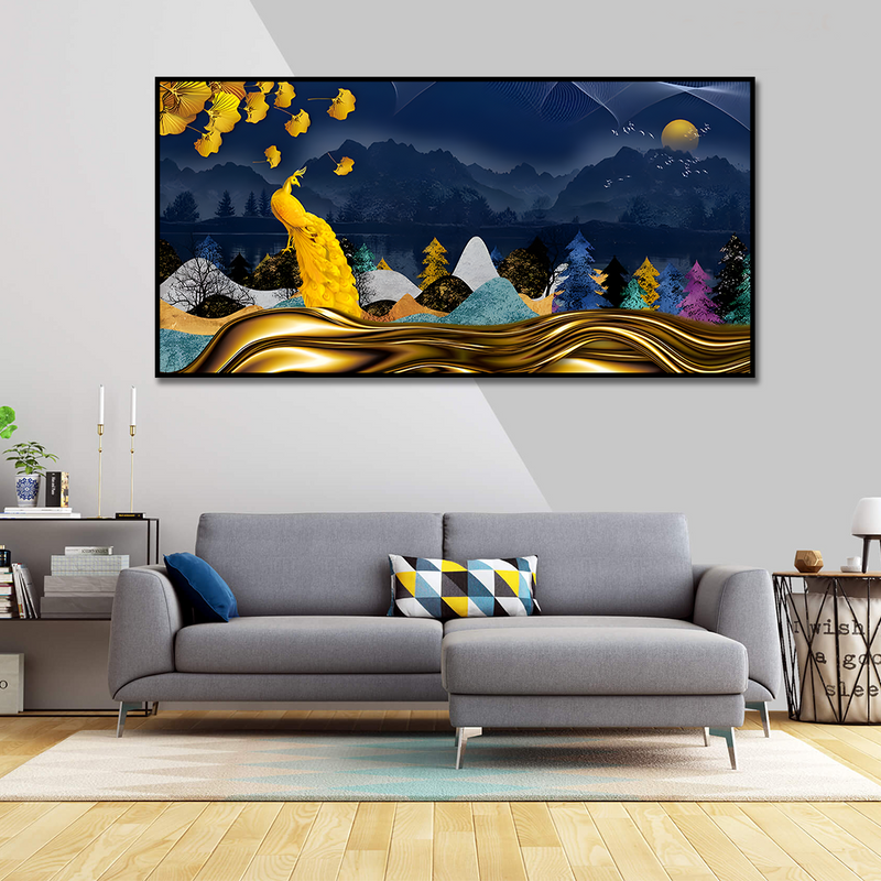 Golden Peacock in Dark Forest Premium Floating Frame Canvas Wall Painting