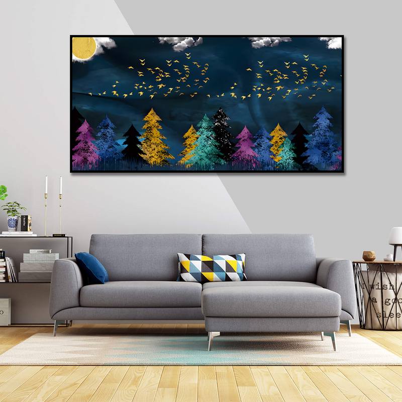 Golden Birds Flying over The Dark Forest Canvas Floating Frame Wall Painting