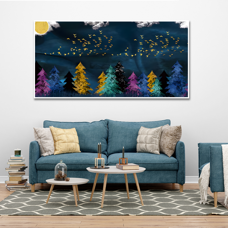 Golden Birds Flying over The Dark Forest Canvas Floating Frame Wall Painting