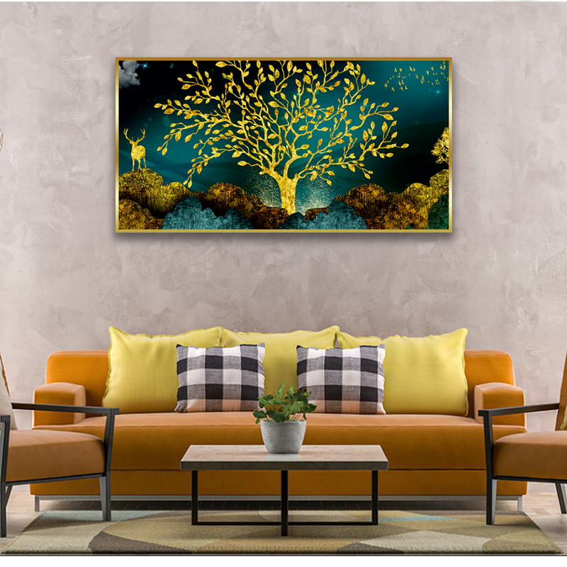 Golden Tree and Deer Premium Floating Frame Canvas Wall Painting