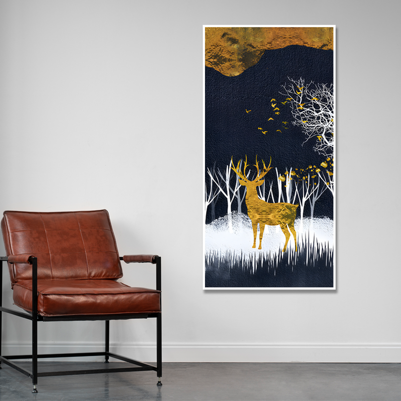 Dark Night Golden Deer with Birds Premium Canvas Floating Frame Wall Painting