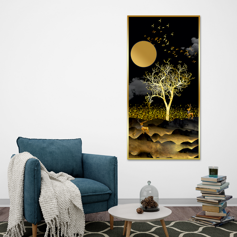 Dark Moon Light with Golden Birds Premium Canvas Floating Frame Wall Painting
