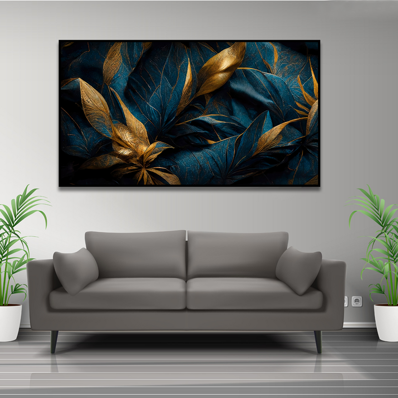 Golden Tropical leaves Floating Frame Canvas Wall Painting