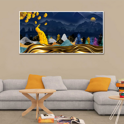 Golden Peacock in Dark Forest Premium Floating Frame Canvas Wall Painting