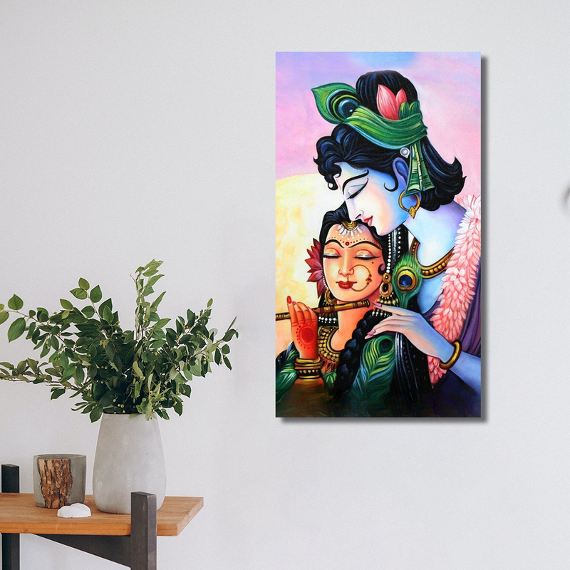 MADHUBANI STYLE RADHA KRISHNA FLOATING FRAME CANVAS WALL PAINTING