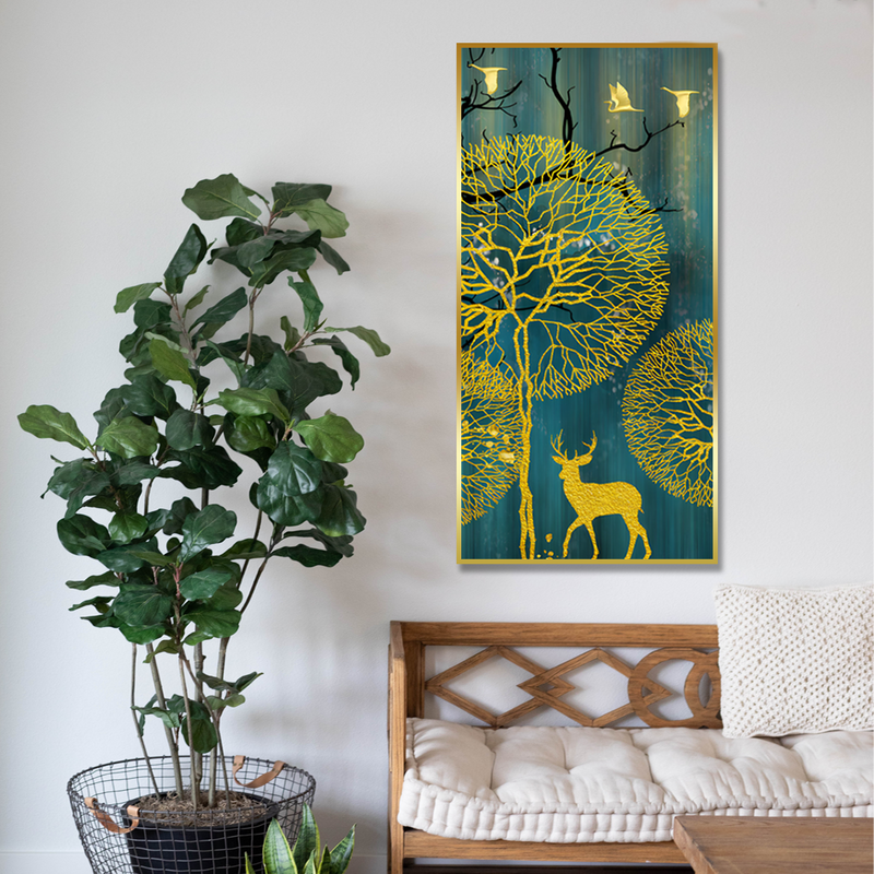 Golden Nightscape with Deer and Golden birds Floating Frame Canvas Wall Painting