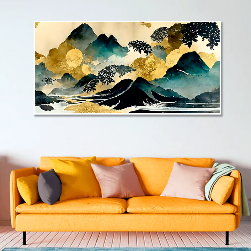 Golden Mountain Scenery of Mount Fuji Premium Floating Frame Canvas Wall Painting