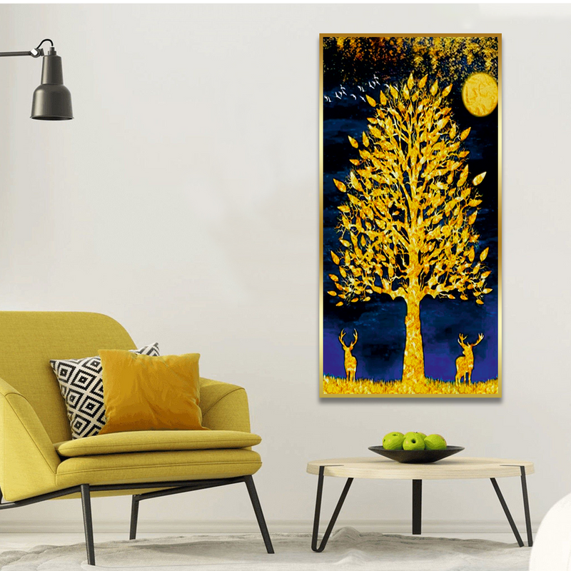 Beautiful Golden Tree and Moon with Deer Canvas Floating Frame Wall Painting