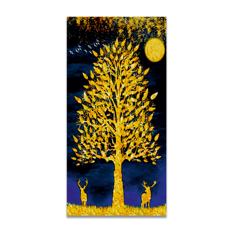 Beautiful Golden Tree and Moon with Deer Canvas Floating Frame Wall Painting