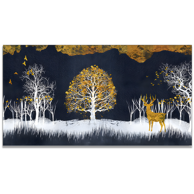 Midnight Golden Deer With Birds Scenery Premium Canvas Floating Frame Wall Painting
