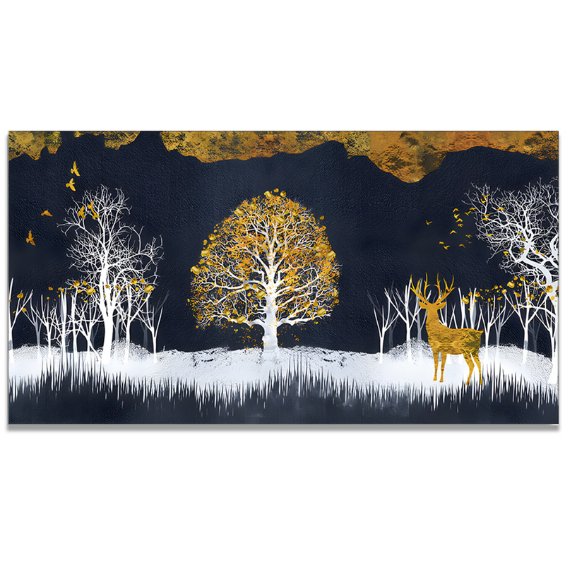 Midnight Golden Deer With Birds Scenery Premium Canvas Floating Frame Wall Painting