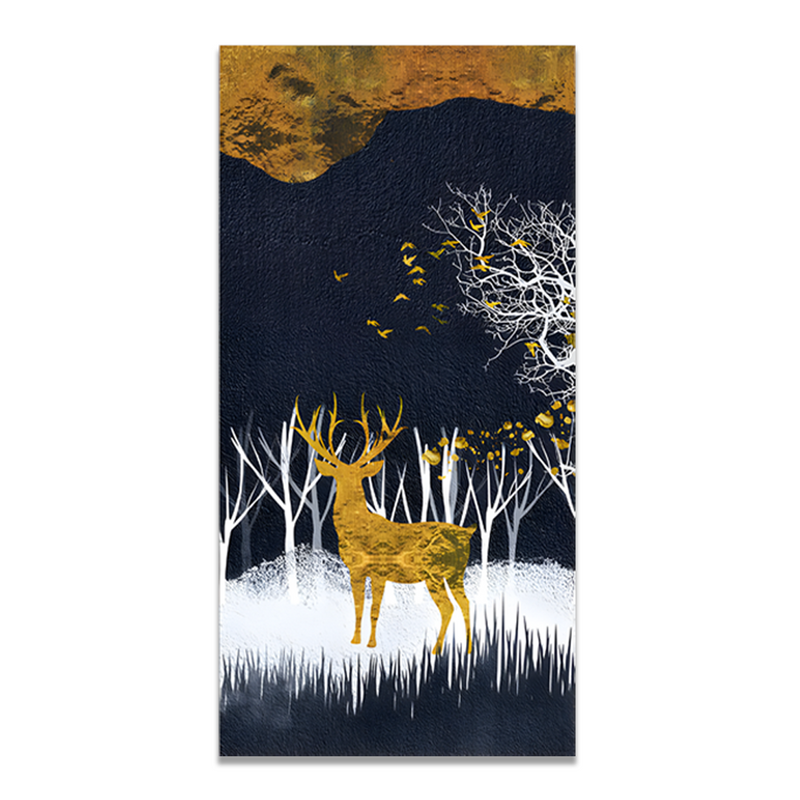 Dark Night Golden Deer with Birds Premium Canvas Floating Frame Wall Painting