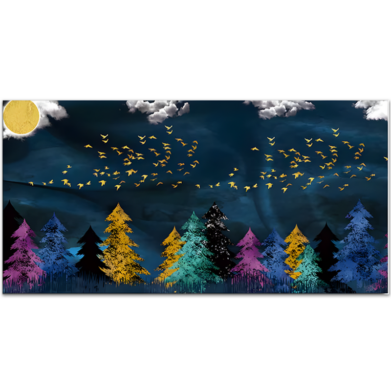 Golden Birds Flying over The Dark Forest Canvas Floating Frame Wall Painting