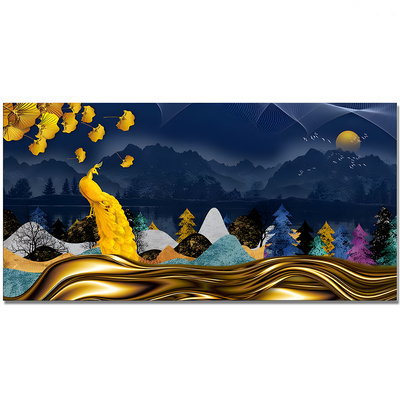 Golden Peacock in Dark Forest Premium Floating Frame Canvas Wall Painting