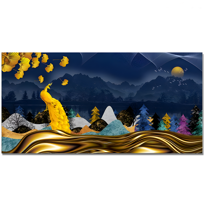 Golden Peacock in Dark Forest Premium Floating Frame Canvas Wall Painting