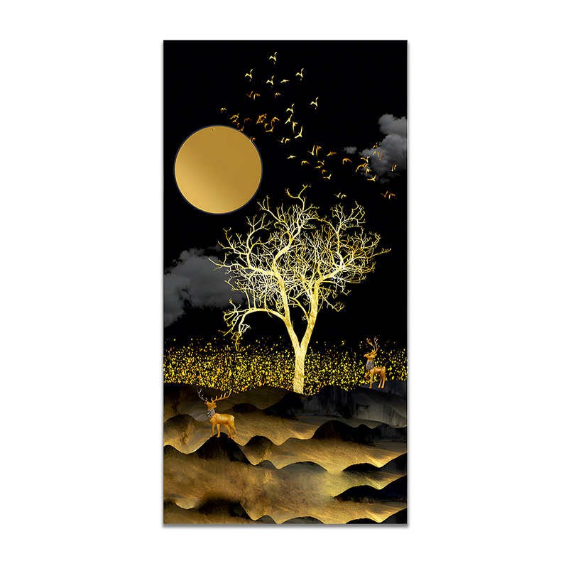 Dark Moon Light with Golden Birds Premium Canvas Floating Frame Wall Painting