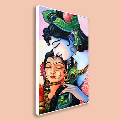 MADHUBANI STYLE RADHA KRISHNA FLOATING FRAME CANVAS WALL PAINTING