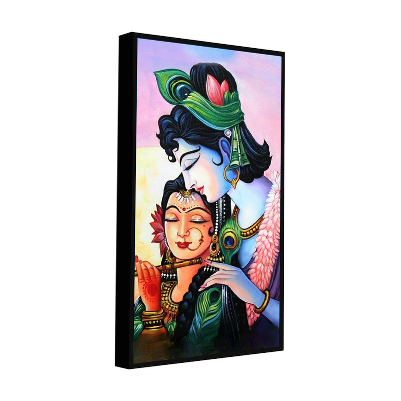 MADHUBANI STYLE RADHA KRISHNA FLOATING FRAME CANVAS WALL PAINTING