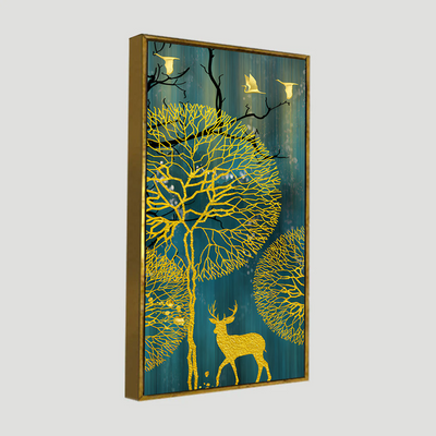 Golden Nightscape with Deer and Golden birds Floating Frame Canvas Wall Painting