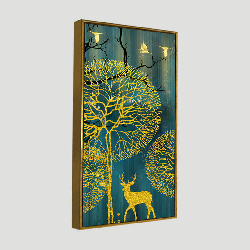Golden Nightscape with Deer and Golden birds Floating Frame Canvas Wall Painting