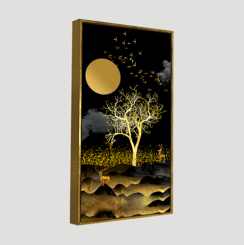 Dark Moon Light with Golden Birds Premium Canvas Floating Frame Wall Painting