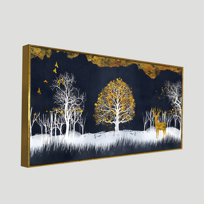 Midnight Golden Deer With Birds Scenery Premium Canvas Floating Frame Wall Painting