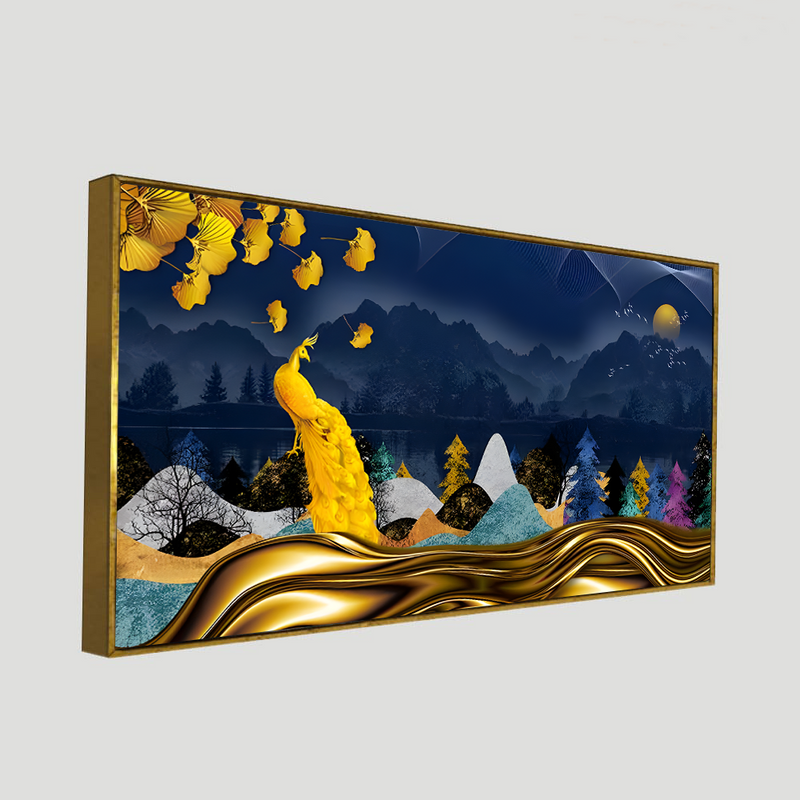 Golden Peacock in Dark Forest Premium Floating Frame Canvas Wall Painting