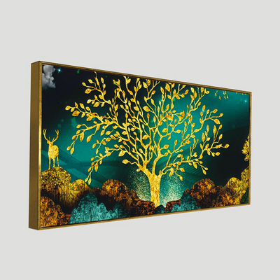 Golden Tree and Deer Premium Floating Frame Canvas Wall Painting