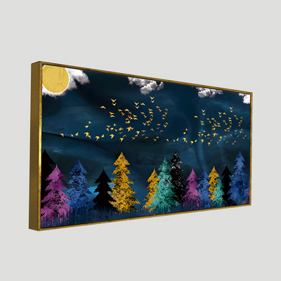 Golden Birds Flying over The Dark Forest Canvas Floating Frame Wall Painting