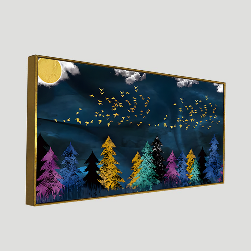 Golden Birds Flying over The Dark Forest Canvas Floating Frame Wall Painting